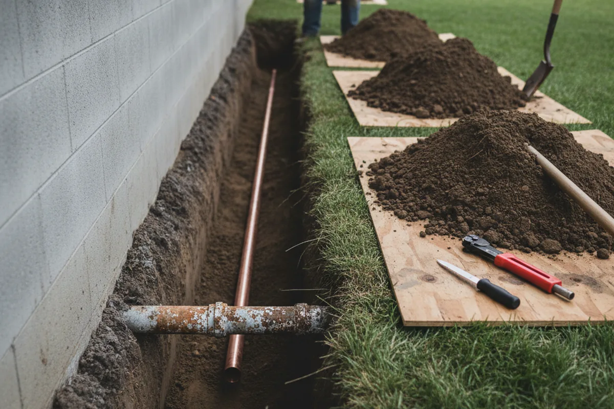 Excavated water line trench during Sewer Line Repair in Hackett